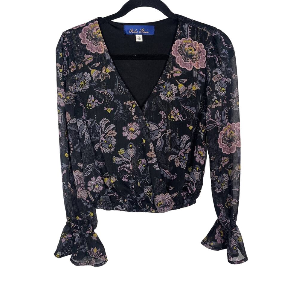 Blue Rain XS Navy Blue Floral Printed Gold Striped Cropped Long Ruffle Sleeve